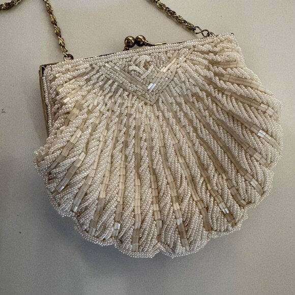 La Regale Hand-Beaded Shell-Shaped Evening Bag Gold Chain Strap Vintage - Picture 5 of 12